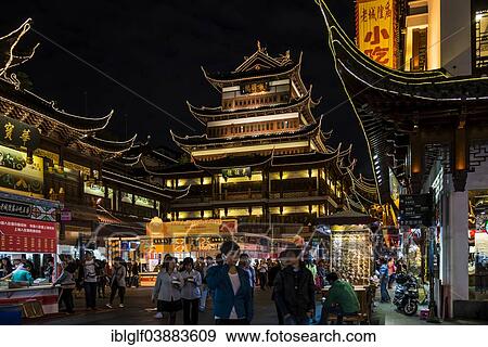 Stock Photo - "Historic centre with traditional buildings at night, illuminations, Shanghai, China, Asia". Fotosearch