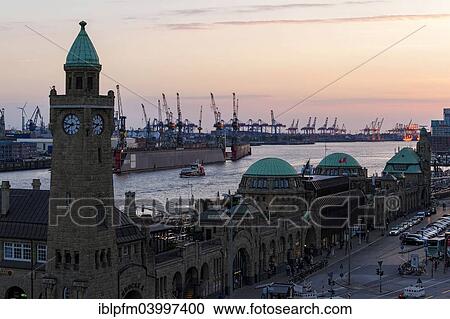 "Historic Clock Tower and Hamburg Harbour at sunset, St Pauli, Hamburg, Germany, Europe" View Large Photo Image Stock Image - "Historic Clock Tower and Hamburg Harbour at sunset, St Pauli, Hamburg, Germany, Europe". Fotosearch