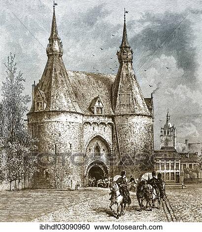 Stock Image - "Historic drawing, Brusselsepoort or Brussels gate, Mechelen, 19th Century, Mechelen, Belgium, Europe". Fotosearch