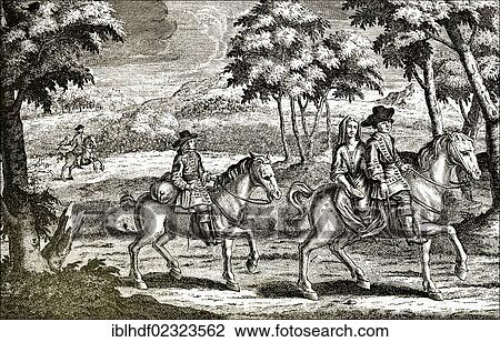 Stock Image - "Historic drawing, Charles II, 1630 - 1685, King of England, Scotland and Ireland, fleeing after the Battle of Worcester on 3rd September 1651 in Worcester, England, the last battle of the English Civil War". Fotosearch