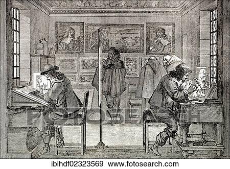 "Historic drawing, Dutch copperplate engravers working in their workshop, 17th century" View Large Photo Image Stock Photo - "Historic drawing, Dutch copperplate engravers working in their workshop, 17th century". Fotosearch