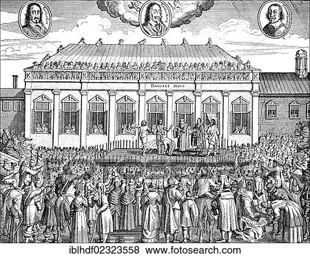 Stock Photo - "Historic drawing, execution of Charles I, 1600 - 1649, in front of the Whitehall Palace in London, on 30th January 1649, King of England, Scotland and Ireland between 1625 and 1649". Fotosearch