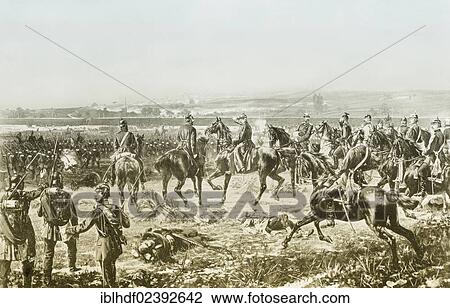 Stock Image - "Historic drawing of the Battle of Weissenburg on 4th August 1870, Franco-German War, 1870 - 1871, between the French Empire and the Kingdom of Prussia, Weissenburg or Wissembourg, Alsace, France, Europe". Fotosearch