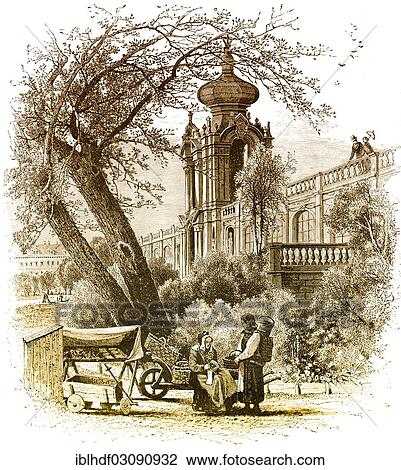 Stock Image - "Historic drawing, Zwinger palace in Dresden, 19th Century, Europe, Dresden, Saxony, Germany, Europe". Fotosearch