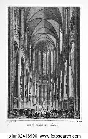 Stock Image - Historic engraving depicting Cologne Cathedral, drawn by G. Osterwald, steel engraved by J. M. Kolb, Gothic style, historicism, a UNESCO World Heritage Site, Germany, Europe. Fotosearch