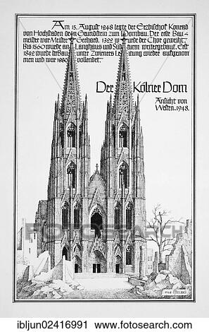 Stock Image - Historic engraving depicting the destroyed Cologne Cathedral by J. Helbig, 1948, post-war era, a UNESCO World Heritage Site, Germany, Europe. Fotosearch