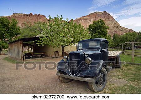 Stock Image - "Historic Ford flatbed truck, Gifford Farm House Museum, Fruita, Capitol Reef National Park, Utah, USA, PublicGround". Fotosearch