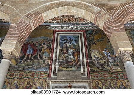Picture - "Historic mosaic at the entrance to the Cappella Palatina, Palazzo dei Normanni, seat of the Sicilian Parliament, Palermo, Sicily, Italy, Europe". Fotosearch