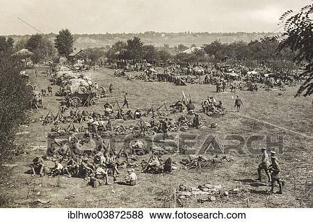 Stock Photo - "Historic photograph, German soldiers, battalion camping on an open field, World War I, Romania, Europe". Fotosearch
