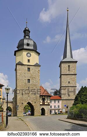 "Historic Riedtor city gate in Ried Tower and Jacobs Tower, belfry of the Pilgrim Church of St. Jacobus, Arnstadt, Thuringia, Germany, Europe" View Large Photo Image Stock Photograph - "Historic Riedtor city gate in Ried Tower and Jacobs Tower, belfry of the Pilgrim Church of St. Jacobus, Arnstadt, Thuringia, Germany, Europe". Fotosearch