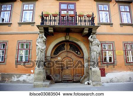 Picture - "Historic Saxony house used as a boarding school and regional church dormitory, in the historic town centre of Sibiu, Sibiu, Hermannstadt, Siebenburgen, Romania, Europe". Fotosearch