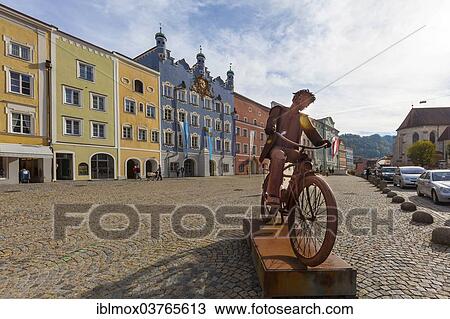 Stock Image - "Historic town centre and Marktplatz square of Burghausen, Burghausen, Upper Bavaria, Bavaria, Germany, Europe". Fotosearch