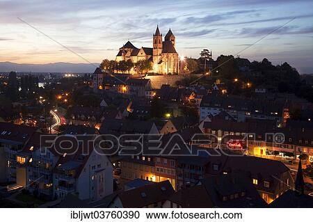 Stock Image - "Historic town centre and St. Stephen's Minster, twilight, Breisach am Rhein, Baden-Wurttemberg, Germany, Europe". Fotosearch