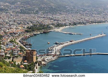 "Historic town centre of Alanya with the port and Kizil Kule or Red Tower, view from Castle Hill, Alanya, Turkish Riviera, Province of Antalya, Mediterranean Region, Turkey, Asia" View Large Photo Image Stock Image - "Historic town centre of Alanya with the port and Kizil Kule or Red Tower, view from Castle Hill, Alanya, Turkish Riviera, Province of Antalya, Mediterranean Region, Turkey, Asia". Fotosearch