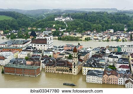 Stock Image - "Historic town centre with Mariahilf Monastery, St. Michael's Church and the Town Hall during the flood on 3rd June 2013, Passau, Lower Bavaria, Bavaria, Germany, Europe". Fotosearch