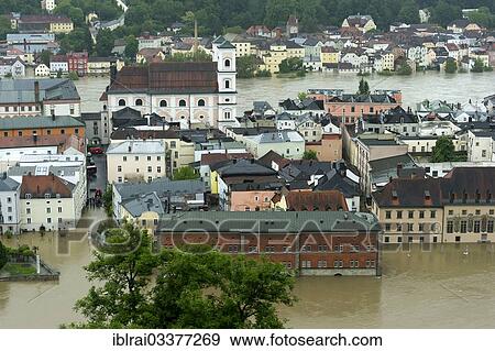 "Historic town centre with St. Michael's Church, Zollamt, the old customs office and Town Hall during the floods on 3rd June 2013, Passau, Lower Bavaria, Bavaria, Germany, Europe" View Large Photo Image Stock Photo - "Historic town centre with St. Michael's Church, Zollamt, the old customs office and Town Hall during the floods on 3rd June 2013, Passau, Lower Bavaria, Bavaria, Germany, Europe". Fotosearch