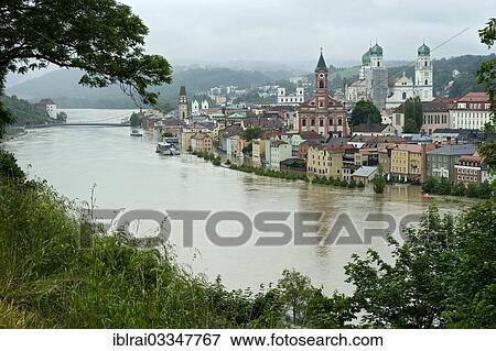"Historic town centre with the Parish Church of St. Paul and St. Stephen's Cathedral during the flood on 3rd June 2013, Passau, Lower Bavaria, Bavaria, Germany, Europe" View Large Photo Image Stock Photo - "Historic town centre with the Parish Church of St. Paul and St. Stephen's Cathedral during the flood on 3rd June 2013, Passau, Lower Bavaria, Bavaria, Germany, Europe". Fotosearch