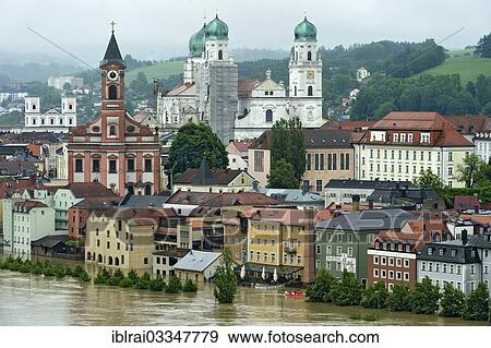 "Historic town centre with the Parish Church of St. Paul and St. Stephen's Cathedral during the flood on 3rd June 2013, Passau, Lower Bavaria, Bavaria, Germany, Europe" View Large Photo Image Stock Photo - "Historic town centre with the Parish Church of St. Paul and St. Stephen's Cathedral during the flood on 3rd June 2013, Passau, Lower Bavaria, Bavaria, Germany, Europe". Fotosearch
