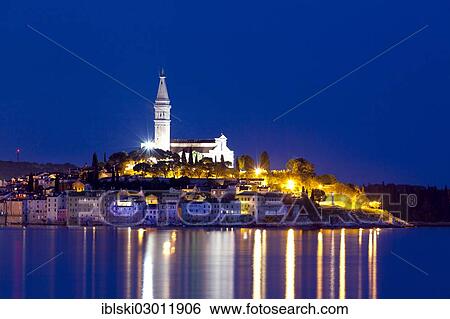 "Historic town centre with the Parish Church of St. Euphemia at night, blue hour, Rovinj, Rovingo, Istria, Croatia, Europe, Rovinj, Croatia, Europe" View Large Photo Image Stock Photograph - "Historic town centre with the Parish Church of St. Euphemia at night, blue hour, Rovinj, Rovingo, Istria, Croatia, Europe, Rovinj, Croatia, Europe". Fotosearch