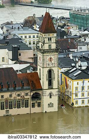 Stock Image - "Historic town centre with the Town Hall and Hotel Wilder Mann during the flood on 3rd June 2013, Passau, Lower Bavaria, Bavaria, Germany, Europe". Fotosearch