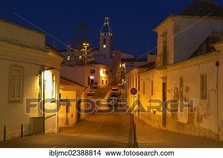 Picture - "Historic town of Albufeira at night, Algarve, Portugal, Europe". Fotosearch