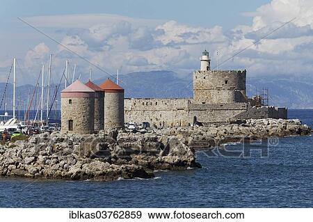 "Historic windmills and Agios Nikolaos fortress, Mandraki Harbour, Rhodes, Rhodes island, Dodecanese, Greece, Europe" View Large Photo Image Stock Photo - "Historic windmills and Agios Nikolaos fortress, Mandraki Harbour, Rhodes, Rhodes island, Dodecanese, Greece, Europe". Fotosearch