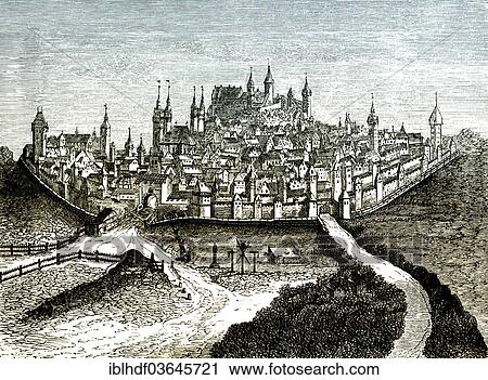 Stock Image - "Historical cityscape of Nuremberg, 16th century, from """"The Rise of the Dutch Republic"""", 1880". Fotosearch