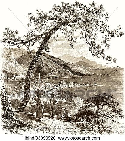 Stock Image - "Historical drawing, city of Menton or Mentone, 19th Century, Menton, French Riviera, Alpes-Maritimes, Provence-Alpes-Cote d? ÇÖAzur, France, Europe". Fotosearch