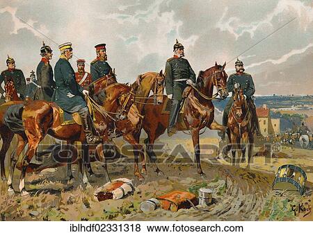 Stock Photo - "Historical drawing, Wilhelm I or William I, 1797-1888, from the House of Hohenzollern, king of Prussia and first German emperor, on horseback with Bismarck, Moltke and Roon in the Franco-Prussian War or Franco-German War, 1870/71". Fotosearch
