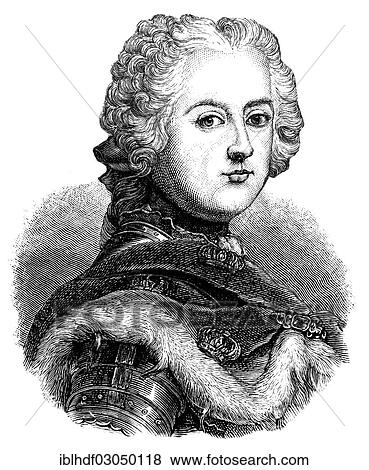 Stock Photo - "Historical illustration, youthful portrait of Friedrich II, Frederick II or Frederick the Great, """"Old Fritz"""", 1712 - 1786, King of Prussia, Elector of Brandenburg". Fotosearch