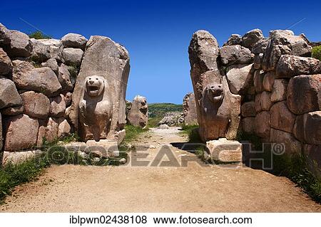 Stock Photo - "Hittite relief sculpture on the Lion gate to the Hittite capital, Hattusa, Turkey, Asia". Fotosearch