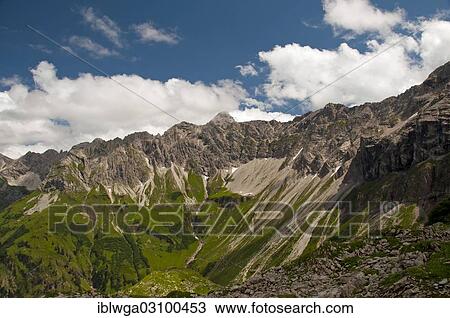 Stock Image - "Hochvogel Mountain, 2593m, view from Laufbacher Eck-Weg hiking trail, Allgau, Allgauer Alpen, Bavaria, Germany, Europe". Fotosearch
