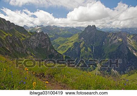 Stock Photo - "Hoefats Mountain, 2259m, view from Laufbacher Eck-Weg hiking trail, Allgau, Allgauer Alpen, Bavaria, Germany, Europe". Fotosearch
