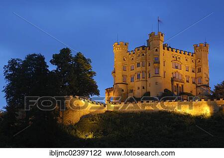 "Hohenschwangau Castle, Schloss Hohenschwangau, at dusk, Romantic Road, Romantische Strasse, Allgau, Allgaeu, Fussen, Fuessen, Bavaria, Germany, Europe" View Large Photo Image Stock Image - "Hohenschwangau Castle, Schloss Hohenschwangau, at dusk, Romantic Road, Romantische Strasse, Allgau, Allgaeu, Fussen, Fuessen, Bavaria, Germany, Europe". Fotosearch