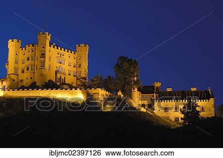 Stock Photograph - "Hohenschwangau Castle, Schloss Hohenschwangau, at night, Romantic Road, Romantische Strasse, Allgau, Allgaeu, Fussen, Fuessen, Bavaria, Germany, Europe". Fotosearch