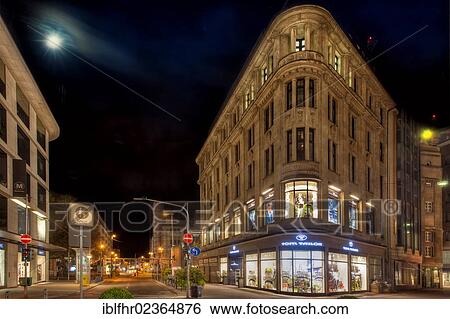 Stock Photograph - "Hohenzollernhaus building, night scene, Schadowstrasse, Duesseldorf, North Rhine-Westphalia, Germany, Europe". Fotosearch