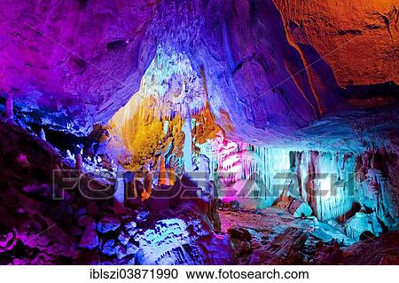 Stock Image - "Hohlenlichter festival, an annual artistic light illumination in the Dechenhohle caves, Iserlohn, Sauerland, North Rhine-Westphalia, Germany, Europe". Fotosearch