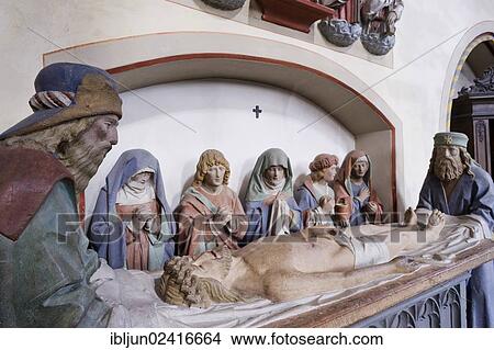 Holy grave, depiction of the Entombment of Christ, around 1500, with seven small tuff statues, Romanesque-Gothic Abbey Church of St. Martin and St. Severus, Muenstermaifeld, Rhineland-Palatinate, Germany, Europe View Large Photo Image Picture - Holy grave, depiction of the Entombment of Christ, around 1500, with seven small tuff statues, Romanesque-Gothic Abbey Church of St. Martin and St. Severus, Muenstermaifeld, Rhineland-Palatinate, Germany, Europe. Fotosearch