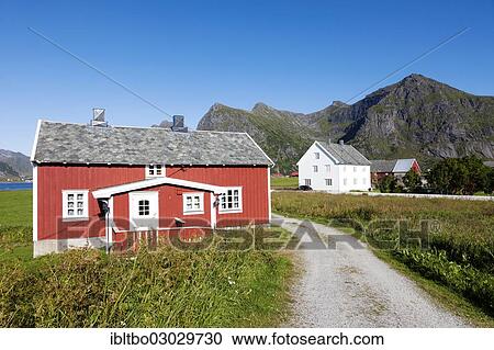 Stock Image - "Homes near Flagstad, Flakstad, Flakstadoy, Lofoten, Nordland, Norway, Europe". Fotosearch