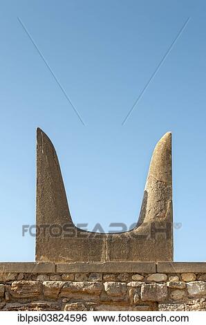 Stock Photograph - "Horns of Consecration, sacred bull's horns, symbol of fertility, made of stone, Knossos Palace, Heraklion, Crete, Greece, Europe". Fotosearch