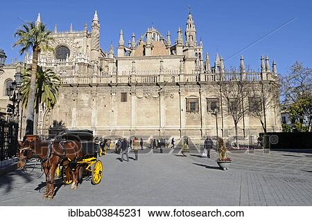 Stock Image - "Horse and carriage, Plaza del Triunfo square, Santa Maria de la Sede Cathedral, Seville, Andalusia, Spain, Europe". Fotosearch