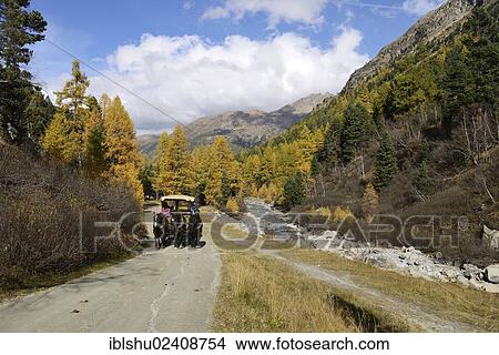 Picture - "Horse-drawn carriage, Roseg valley, landscape in autumn, Pontresina, canton of Grisons, Engadin, Switzerland, Europe". Fotosearch