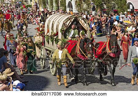 "Horse-drawn covered wagon, wedding procession of the """"Landshut Wedding"""", historic center, Landshut, Lower Bavaria, Bavaria, Germany, Europe" View Large Photo Image Stock Photograph - "Horse-drawn covered wagon, wedding procession of the """"Landshut Wedding"""", historic center, Landshut, Lower Bavaria, Bavaria, Germany, Europe". Fotosearch