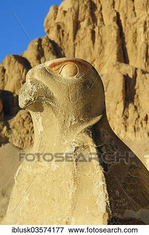 Stock Photo - "Horus statue on the ramp of the Temple of Hatshepsut, Deir el-Bahari, Luxor, Luxor Governorate, Egypt, Africa". Fotosearch