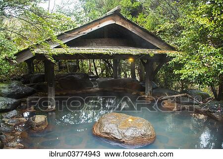 Stock Image - "Hot pool in the Kurokawa onsen, public spa, Kyushu, Japan, Asia". Fotosearch