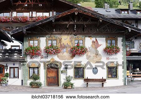 "Hotel Post with lueftlmalerei, traditional murals, Wallgau, Garmisch-Partenkirchen District, Upper Bavaria, Bayern, Germany, Europe" View Large Photo Image Stock Photograph - "Hotel Post with lueftlmalerei, traditional murals, Wallgau, Garmisch-Partenkirchen District, Upper Bavaria, Bayern, Germany, Europe". Fotosearch