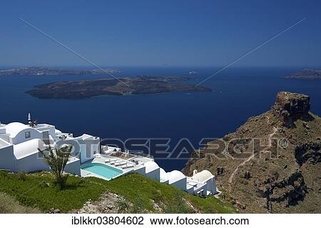 Stock Image - "Hotel, sea view, Imerovigli, Santorini, Cyclades, Greece, Europe". Fotosearch