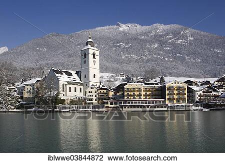 Stock Image - "Hotel Weisses Rossl, pilgrimage church of St. Wolfgang, Wolfgangsee, St. Wolfgang im Salzkammergut, Austria, Europe". Fotosearch