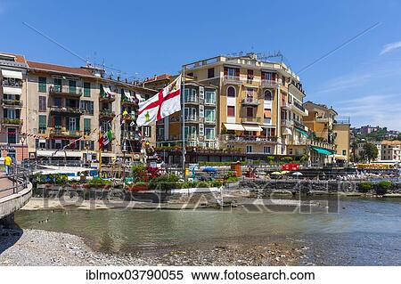 Stock Photography - "Hotels and sidewalk cafes on the Lungomare Vittorio Veneto at the port of Rapallo, Italian Riviera, Liguria, Italy, Europe". Fotosearch