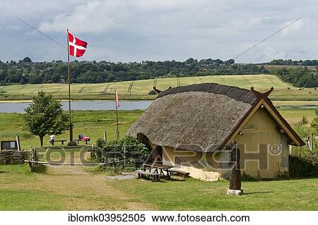 Stock Photography - "House, reconstructed farm with nine houses of a large-scale farmer from the Viking Age, Viking Center Fyrkat, Fyrkat, Hobro, Denmark, Europe". Fotosearch